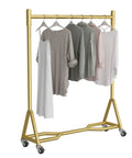 Heavy Duty Industrial Clothes Rack With Wheels Iron Single Pole Display Stand For Bedroom And Laundry, clothes hanging on gold frame.