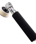 Close-up of handheld wood turning lathe sander with rotating spindle head and ergonomic grip, used for polishing bowls.