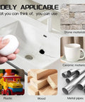Hand holding epoxy putty near a cracked sink, images of stone, ceramic, plastic, wood, and metal pipes for repair illustration.