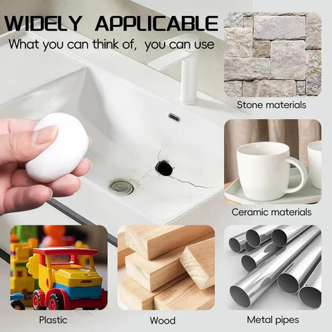 Hand holding epoxy putty near a cracked sink, images of stone, ceramic, plastic, wood, and metal pipes for repair illustration.
