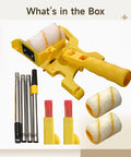 No Sweat Paint Roller Set With Adjustable Extension Pole And Two Spare Covers For Crisp Ceiling Lines And Smooth Wall Coats Comes With Splash Guard Tray, tool components and accessories.