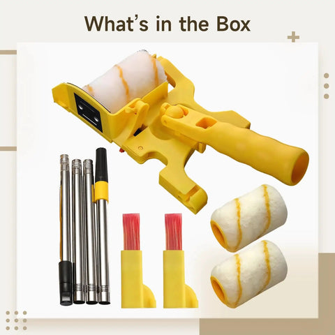 No Sweat Paint Roller Set With Adjustable Extension Pole And Two Spare Covers For Crisp Ceiling Lines And Smooth Wall Coats Comes With Splash Guard Tray, tool components and accessories.