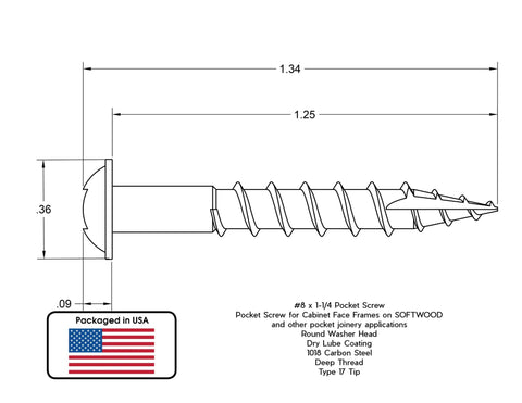 Diagram of Number Eight By One And One Quarter Inch Round Washer Head Pocket Hole Screw With Square Drive Bit Included Extra Coarse