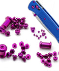 Titanium Purple Screws Set For 535 Bugout Knife Hardware Replacement Kit With Pivot Screws and All Fasteners visible with knife