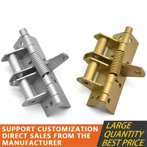 Silver and gold spring loaded door hinge closers for indoor and exterior doors, concealed self-closing hinge, front view