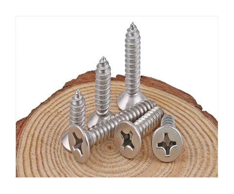 Heavy Duty Stainless Steel Flat Head Tapping Wood Screws Set 60mm Long Countersunk Self Tapping Screws displayed on wood