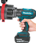 Makita Xcs01t1 18V Lxt Lithium Ion Cordless Rebar Cutter Kit with rotating blade held in hand