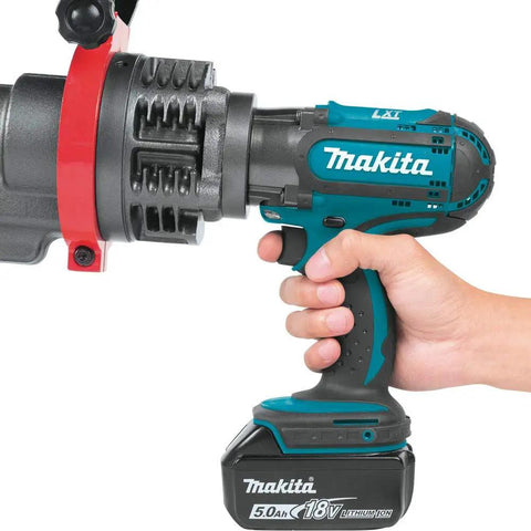 Makita Xcs01t1 18V Lxt Lithium Ion Cordless Rebar Cutter Kit with rotating blade held in hand