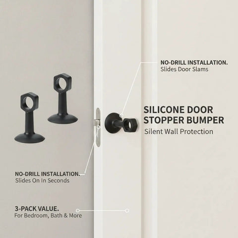 Easy Install No Drill Silicone Door Stopper Bumpers with Soft Cushions shown protecting wall, fits standard interior doors, 3 pack