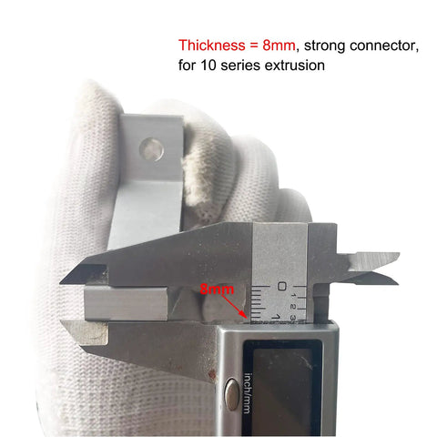 Caliper measuring 8mm thickness of Heavy Duty 10 Series L Bracket Connector Kit for 1010 Aluminum Extrusion