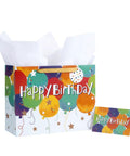 Colorful Balloons Birthday Gift Bag Set With Happy Birthday Text, Matching Tissue Paper, Greeting Card And Tag