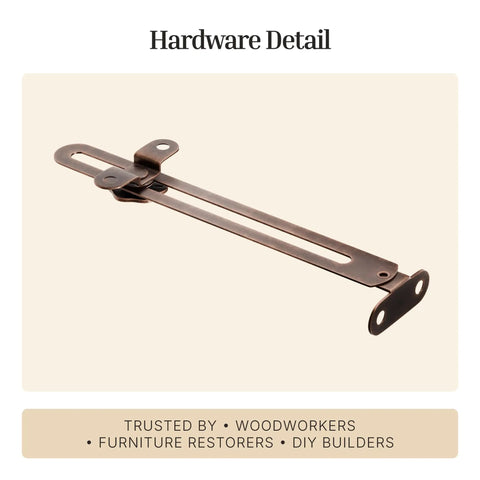 Solid 6 Inch Antique Copper Adjustable Friction Lid Stay With Slick Turn Knob For Quick Right Or Left Hand Swap No Sweat Setup For Vintage Furniture Fixups And Shop Projects hardware detail with a copper finish.