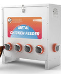 Kick The Chore Out Of Feeding With This Heavy Duty Automatic Chicken Feeder For Backyard Birds Featuring Eighty Five Pound Capacity And Ten Port Design To Block Waste And Keep Flocks Happy All Season Long. Metal chicken feeder with 85 pound capacity and four feeding ports.