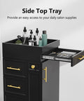 Salon Trolley Cart With Five Drawers, Three Tool Holders And Adjustable Shelf, Mobile Storage Cabinet For Barber, Beauty Spa Or Home Use, Black Finish With Raised Edge Top For Secure Tool Transport On The Go, showing drawers and tool holders.