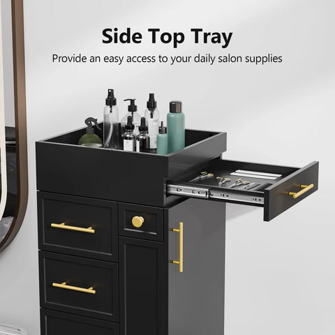 Salon Trolley Cart With Five Drawers, Three Tool Holders And Adjustable Shelf, Mobile Storage Cabinet For Barber, Beauty Spa Or Home Use, Black Finish With Raised Edge Top For Secure Tool Transport On The Go, showing drawers and tool holders.