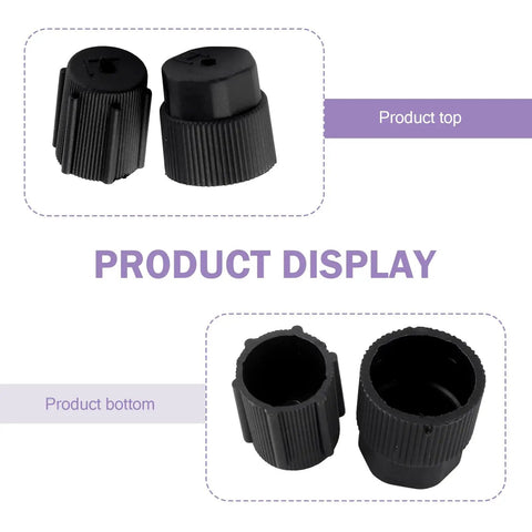 Product display of 10 Pack A/C Valve Core Port Caps for Most Cars, Heavy-Duty ABS Plastic, top and bottom view, black caps.