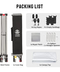 Packing list of 12x12 Ft Pop Up Canopy Tent With Instant Center Lock, showing steel frame, cover bag, ropes, sandbags, spikes, and canopy top.