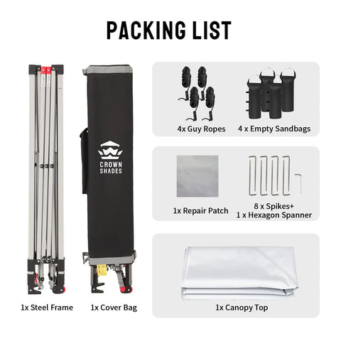 Packing list of 12x12 Ft Pop Up Canopy Tent With Instant Center Lock, showing steel frame, cover bag, ropes, sandbags, spikes, and canopy top.