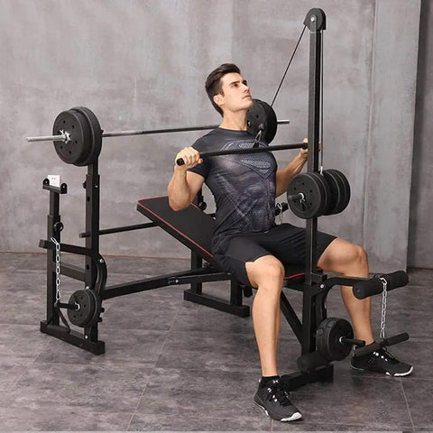 Home Gym Dumbbell Bench Station with Versatile Press Bench, Barbell Rack, and Squat Stand for Core Strength and Full-Body Workouts
