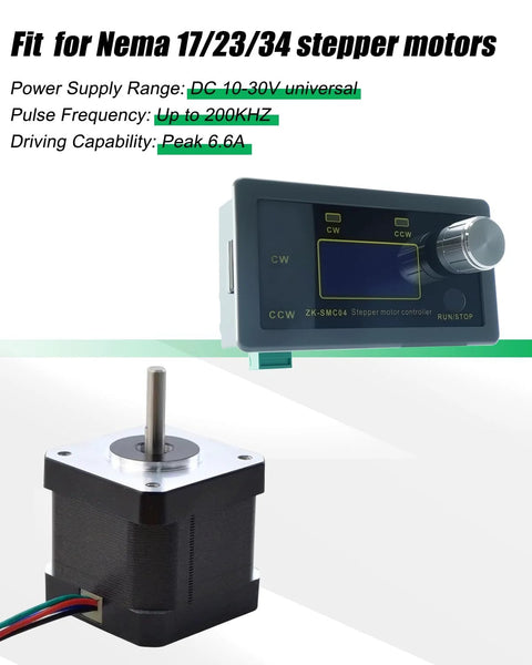 Front view of ZK-SMC04 stepper motor controller with display and knob, plus a stepper motor