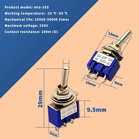 3 Position SPDT Mini Toggle Switch On Off On 3 Pin 6A at 125V and 3A at 250V Micro Toggle Switch for Arduino Projects With Durable Metal Housing Great For DIY Electronics Maker Projects and Arduino Experiments. 29mm size, blue metal body