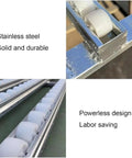 Gravity Conveyor System For Light Duty Loads With Unloading Pulley ABS Rollers And Stainless Steel Frame in close-up view.