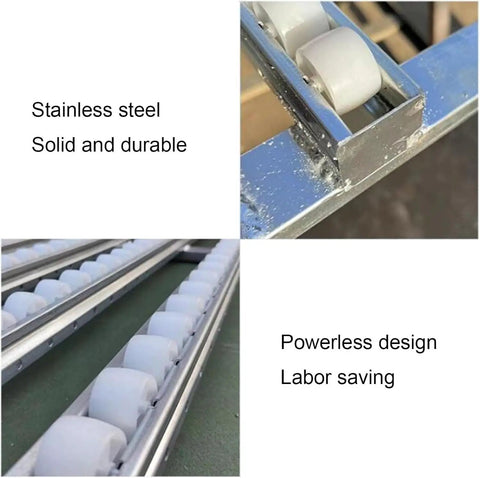 Close-up of Straight Up Smooth Operator Gravity Unloading Slide For Warehouse Cartons And Beverage Barrels Truck Trailer Roll Off Ramp showing stainless steel construction and ball skate wheels.