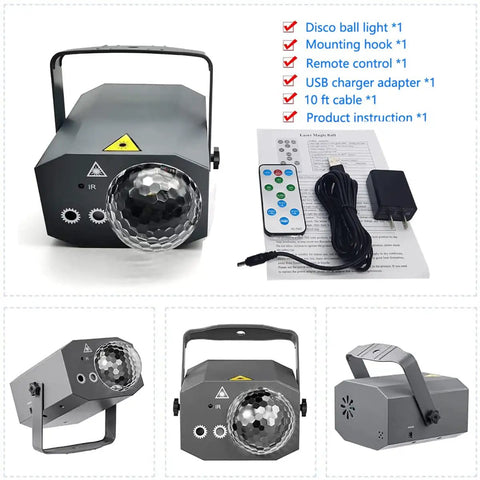 Two In One Party Lights Rotating Disco Ball DJ Lights LED Stage Light Projector with accessories shown