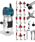 Pro Level 800W Palm Router Kit with 30,000 RPM see-through base and 15 quarter inch router bits, copper motor, and trim guides.