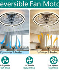 AMZSTAN 20" Caged Ceiling Fan with Light and Remote, 6-Speed Reversible Farmhouse Ceiling Fan with 3 Color Light Settings and 1/2 Hour Timer, Matte Black Industrial Fan showing summer and winter modes with airflow direction.