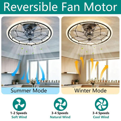 AMZSTAN 20" Caged Ceiling Fan with Light and Remote, 6-Speed Reversible Farmhouse Ceiling Fan with 3 Color Light Settings and 1/2 Hour Timer, Matte Black Industrial Fan showing summer and winter modes with airflow direction.