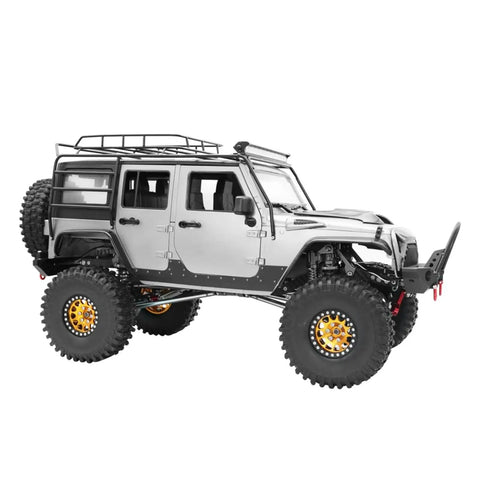 Side view of RC car with Beefed Up Carbon Fiber RC Car Chassis Frame Upgrade For SCX10 II Rock Crawler 1/10, yellow finish, on rugged tires