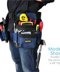 All In One Tool Belt Pouch With 32 Pockets And Hammer Loops worn by model showing tools stored and tape measure clipped on belt