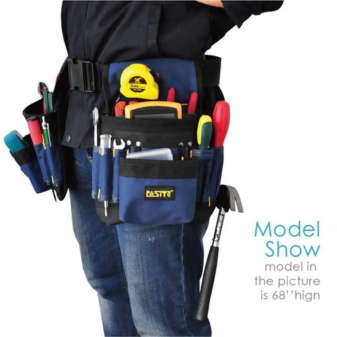All In One Tool Belt Pouch With 32 Pockets And Hammer Loops worn by model showing tools stored and tape measure clipped on belt