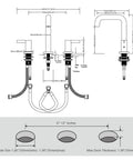 Diagram of 8 Inch Widespread Black Bathroom Faucet For 3 Hole Sink With Drain Dual Lever Handle Drip Free Ceramic Valves Lead Free Stainless Steel Vanity Faucet With Durable Finish And Easy Install, showing dimensions and parts.