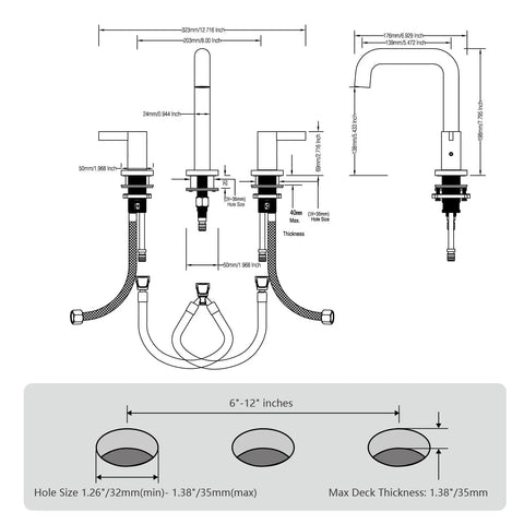 Diagram of 8 Inch Widespread Black Bathroom Faucet For 3 Hole Sink With Drain Dual Lever Handle Drip Free Ceramic Valves Lead Free Stainless Steel Vanity Faucet With Durable Finish And Easy Install, showing dimensions and parts.