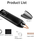 Portable Handheld Spot Welder For DIYers, shown with components, including nickel roll, charging cable, and copper needles.
