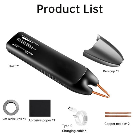 Portable Handheld Spot Welder For DIYers, shown with components, including nickel roll, charging cable, and copper needles.