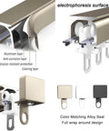 Heavy duty ceiling or wall mounted curtain track kit with silent rollers delivers smooth, whisper-quiet sliding for room dividers and curtains, weatherproof and rustproof aluminum construction for indoor and outdoor use, close-up of track components and color options.