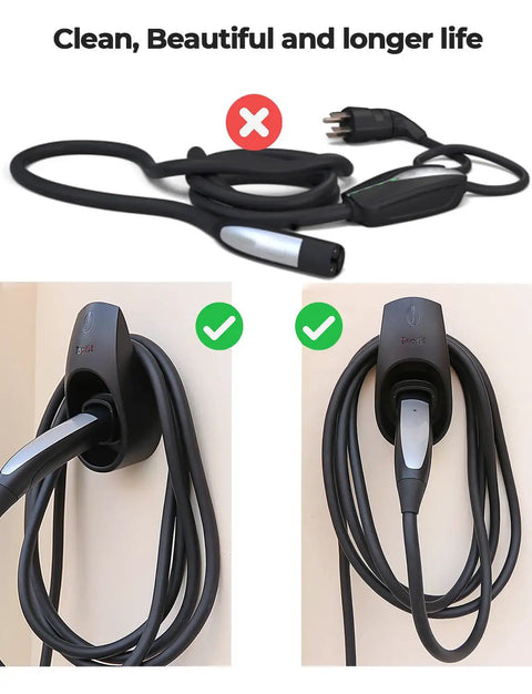 Tesla EV Charger Holder Wall Mount Kit With Cable Organizer And Charger Slot NACS Compatible Dock showing organized cables