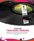 Turntable Phono Cartridge Alignment Protractor Tool with high visibility markings on vinyl record for precise stylus alignment and accurate tracking