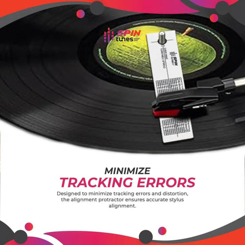 Turntable Phono Cartridge Alignment Protractor Tool with high visibility markings on vinyl record for precise stylus alignment and accurate tracking