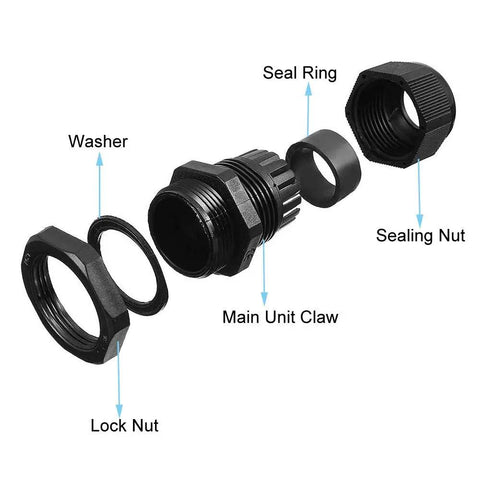 Exploded view of 40 Pieces Premium Nylon PG7 Cable Glands Adjustable 3 To 6.5mm IP68 Weatherproof Gland Joints With Gaskets Kit components.