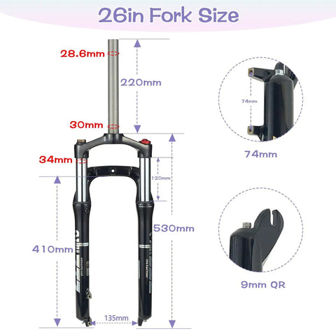 Diagram of Beefy Fat Tire MTB Front Suspension Fork, 100mm Travel, 135mm Hub, 9mm QR, Lightweight Aluminum, showing measurements.