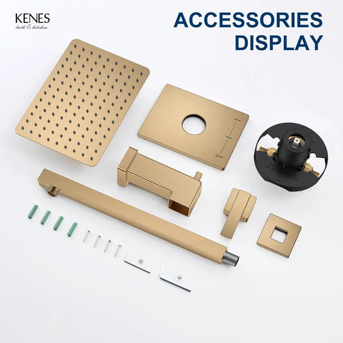 KENES Champagne Bronze Shower Set with Tub Faucet, Square Tub Shower Trim showing accessories including shower head and components.