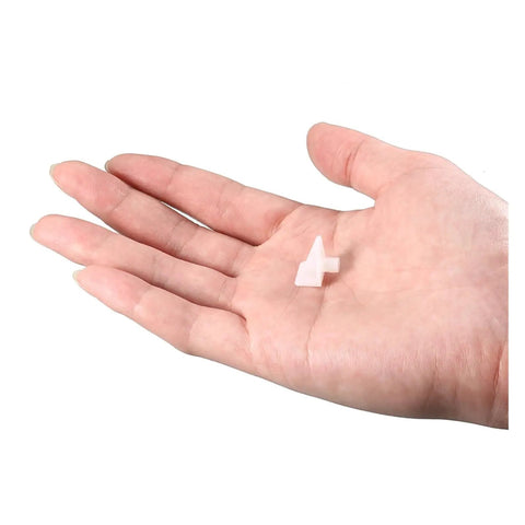 Hand holding Heavy Duty Cabinet Shelf Clips 100 PCS Plastic Support Pegs 5mm Holders Snap In Bracket Clip for Kitchen Shelves