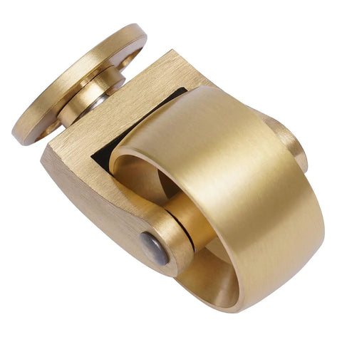 Super Sturdy Universal Brass Casters Four Pack Of 360 Degree Swivel Wheels That Roll Smooth As Butter For Chairs Tables And Home Cabinetry To Help Your Space Level Up Without Breaking A Sweat, close-up of brass caster.