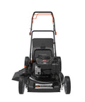 Self Propelled Lawn Mower With 150cc Briggs And Stratton Engine ReadyStart 22 Inch Steel Deck 3 In 1 Mulch Bag Side Discharge Or Rear Bag 12 Inch High Rear Wheels Solid Traction For Flat Or Sloped Lawns front view with rear bag