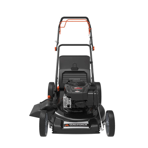 Self Propelled Lawn Mower With 150cc Briggs And Stratton Engine ReadyStart 22 Inch Steel Deck 3 In 1 Mulch Bag Side Discharge Or Rear Bag 12 Inch High Rear Wheels Solid Traction For Flat Or Sloped Lawns front view with rear bag