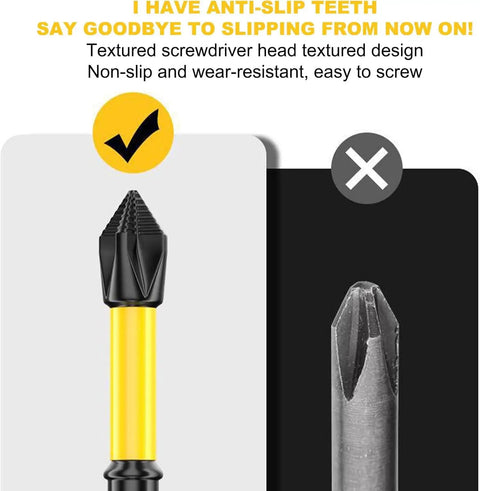 Super Sleek 6 Pc Magnetic Drill Bit Set With Quick Change Screwdriver Bits In 4 Sizes Made From Gritty S2 Steel For Tough Home Repairs And Jobsite Projects That Need A Reliable Anti Slip Grip For All Your DIY Adventures. Anti-slip textured S2 steel screwdriver bit comparison